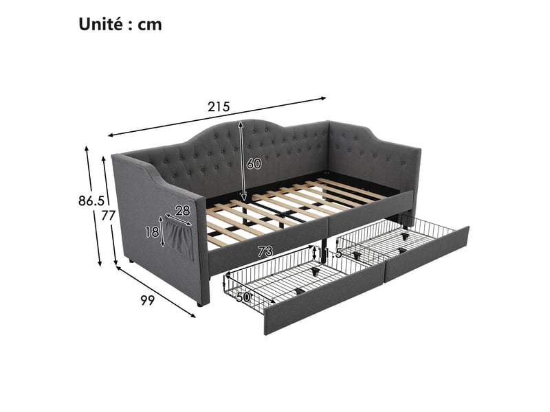  Lit combiné 90 x 200 cm - lit avec accoudoirs en nuage et rangement - velours gris - sans matelas  - Conforama C