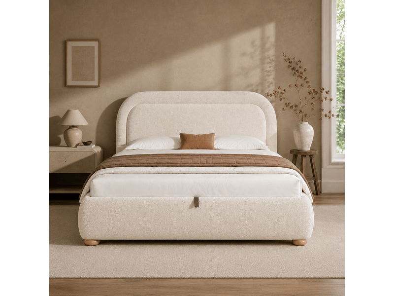  Lit coffre 140x200 double en tissu bouclette beige avec sommier à lattes et rangement hydraulique  - Conforama R