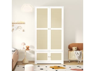 Armoire 2 portes en mdf blanc avec penderie et étagères, style rotin, rangement chambre