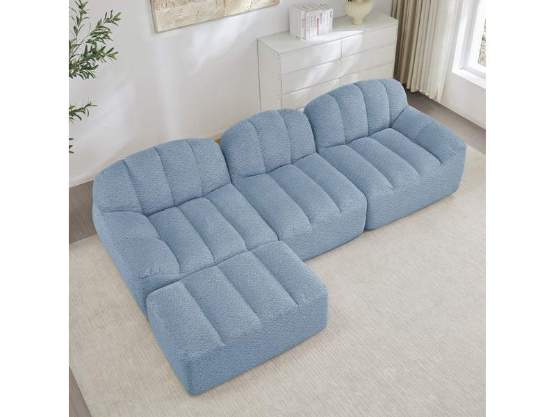  Canapé d’angle modulable 3 places avec ottoman en tissu bouclette bleu  - Conforama C