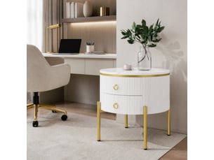 Table basse avec 2 tiroirs, plateau effet marbre, pieds réglables et poignées dorées pour salon, chambre et entrée