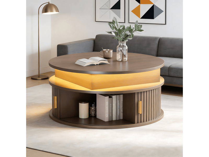  Table basse ronde 75 cm réglable en hauteur avec éclairage led, table de salon avec rangement caché, mdf, couleur noyer  - Conforama D