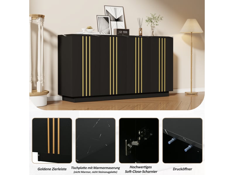 Buffet salon noir et or 140 cm meuble de rangement 4 portes - Conforama R