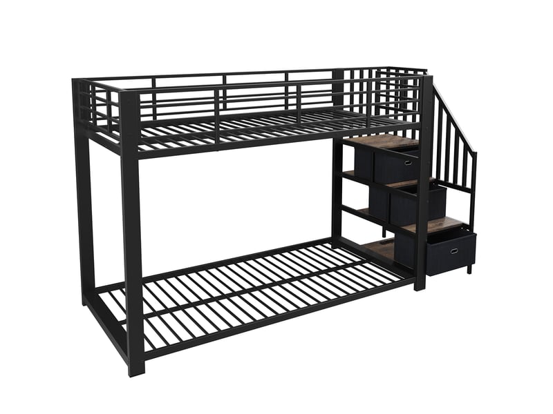 Lit superposé 90x200 cm avec escalier de rangement led et usb, métal noir, sans matelas - Conforama D