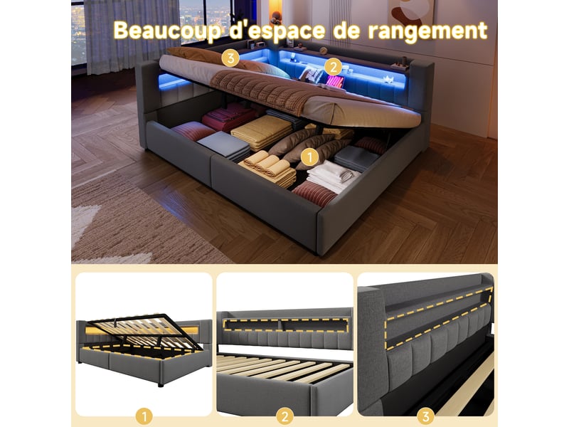  Lit coffre hydraulique 140x200 cm avec led et usb-c, tissu lin gris, structure mdf, sans matelas  - Conforama E