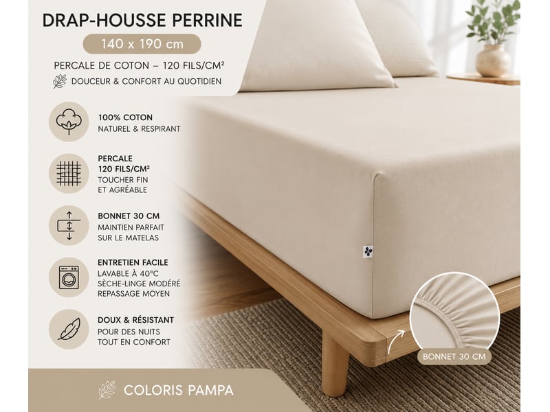  Drap-housse 140 x 190 cm percale de coton 120 fils unie perrine pampa 15193 - Conforama C