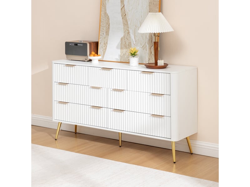  Commode à 7 tiroirs, 145 x 40 x 80 cm, glissières à fermeture douce, poignées métal et pieds hauts, blanc  - Conforama D