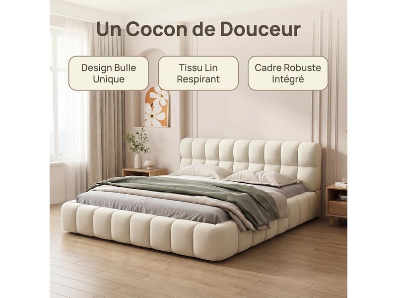  Lit 2 places 140x190 cm tissu lin coloris beige  - Conforama W