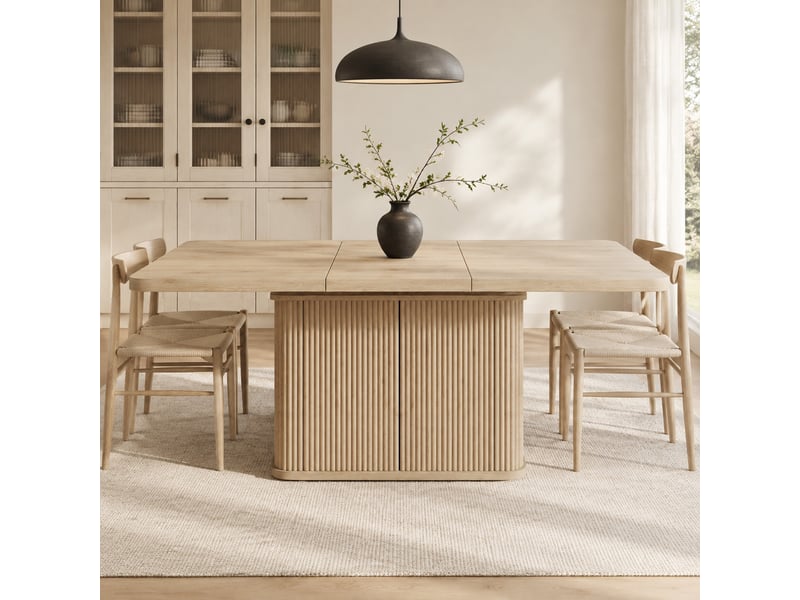  Table extensible avec rangement dissimulé et portes relief vertical pour salle à manger, bois clair, 140 × 80 × 76,5 cm  - Conforama B