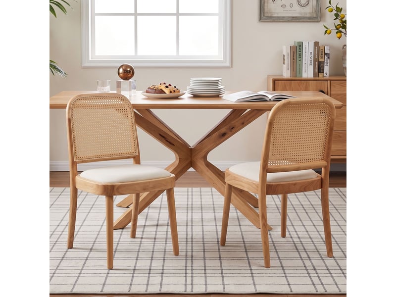  Fauteuil de salle à manger siège en bois massif ensemble de 6 assises dossiers en rotin confort d'assise dossiers respirants revêtement en lin style moderne coloris bois  - Conforama B