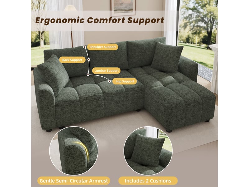 Canapé d'angle 3 places en tissu chenille vert, méridienne réversible, 2 coussins inclus, 204×127×82,5 cm - Conforama D