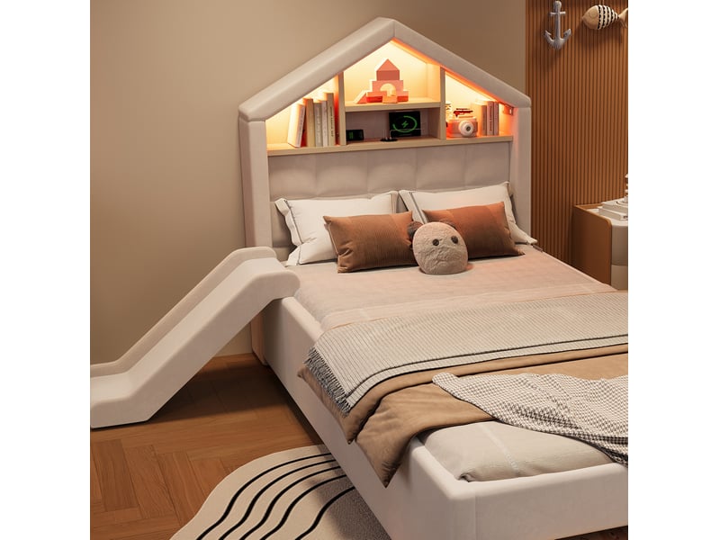  Lit enfant cabane 90x200 cm en velours beige avec toboggan et led, sans matelas  - Conforama D