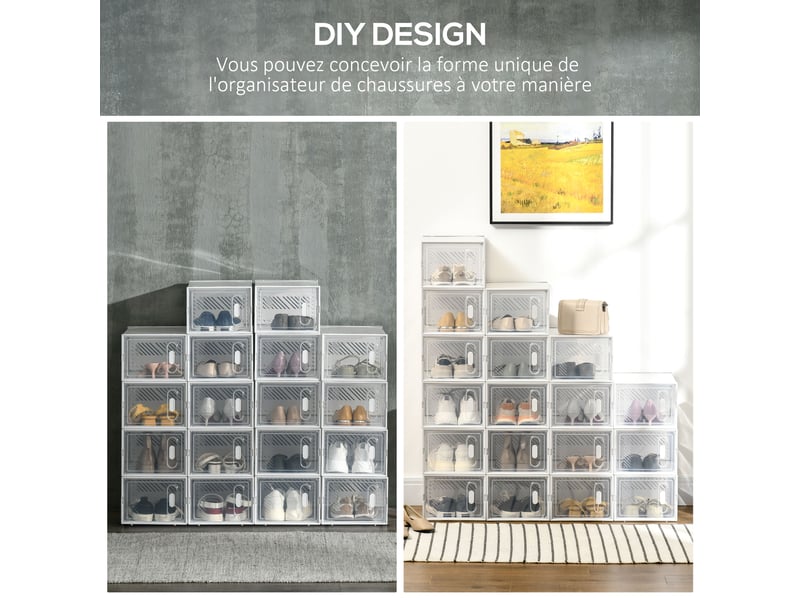 Lot de 18 boites cubes rangement à chaussures modulable 25 x 35 x 19 cm - avec portes transparentes  - Conforama R