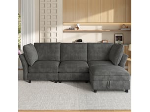 Canapé d'angle modulaire 4 places 225x137 cm – gris – pouf coffre, assise moelleuse en chenille, douce
