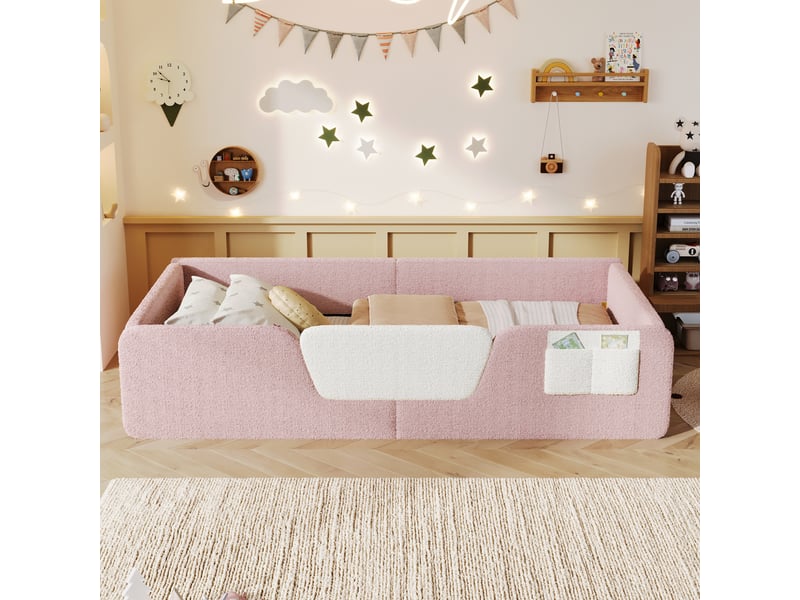 Lit enfant 90x190cm sans matelas, barrières de sécurité amovibles et poche de rangement intégrée, velours, rose evarich - Conforama E
