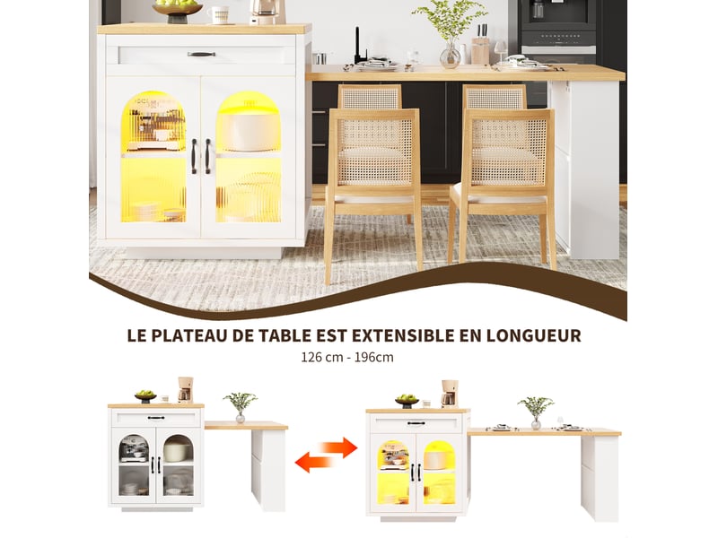 Desserte de cuisine extensible avec 2 tiroirs, étagère réglable et led rgb, pour cuisine, blanc, 126 × 59 × 94 cm - Conforama E
