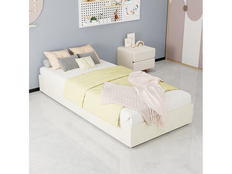  Lit coffre 90x200 cm avec rangement à vérins à gaz, métal, beige, sans tête de lit et sans matelas  - Conforama B