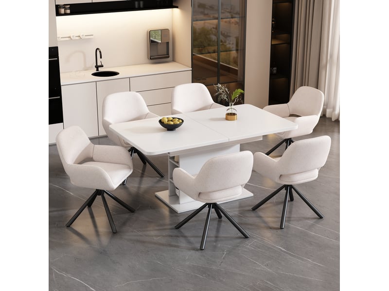  Lot de 6 chaises de salle à manger 60x60x80 cm, accoudoirs, pivotantes, tissu sherpa, métallique, bois, blanc  - Conforama B