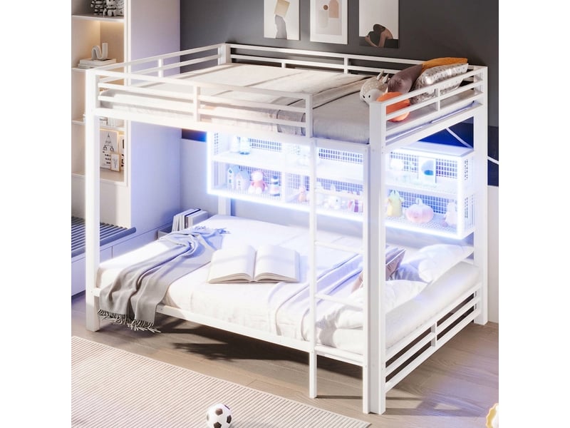  Lit superposé 140x200 cm en métal avec rangements et led blanc  - Conforama C