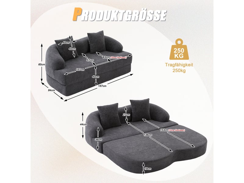  Canapé convertible 2-en-1 pour deux personnes avec deux coussins, transformable en lit double, idéal pour les chambres d'amis et les salons-noir  - Conforama C
