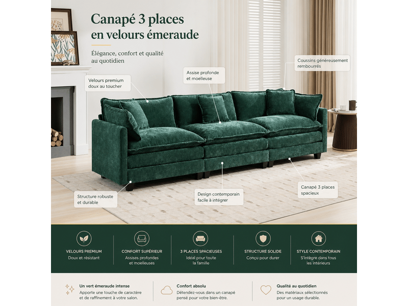  Canapé nuage 3 places moderne en chenille respirante coussins double couche vert  - Conforama D