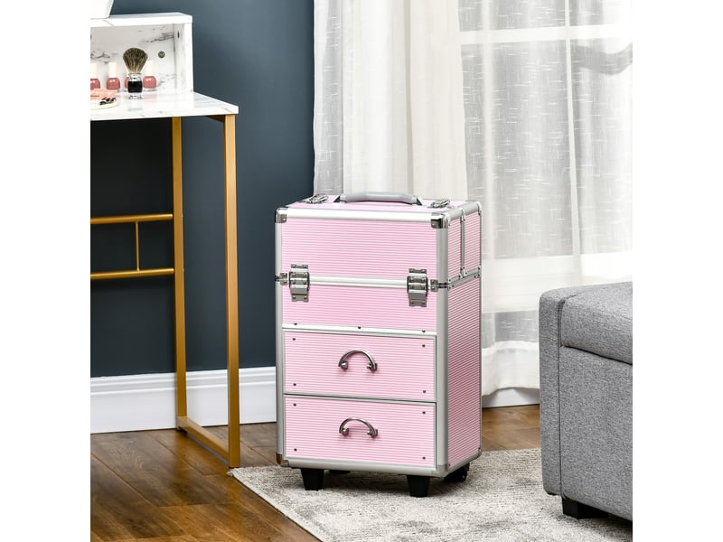 Trousse de maquillage professionnelle, avec 6 tiroirs extensibles et serrure à clé, 36 x 23 x 58 cm, rose  - Conforama C
