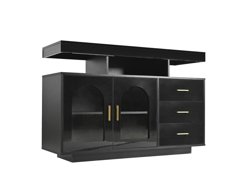 Buffet de cuisine noir brillant 120x40x80 cm, meuble rangement avec 3 tiroirs et portes en acrylique, idéal pour cuisine ou salon - Conforama E
