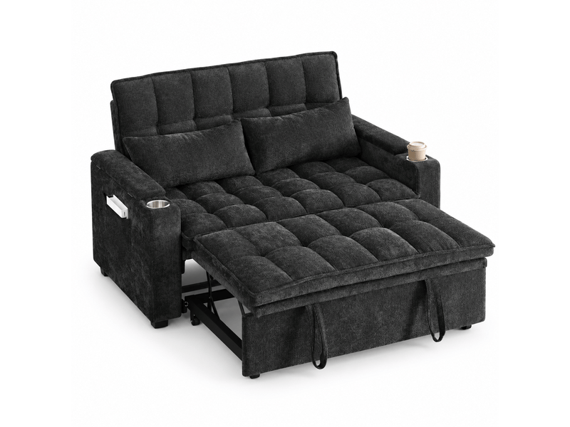  Canapé convertible 3-en-1 142 x 89 x 89 cm, coussins assise et dossier moelleux, 2 lombaires, tablette et porte-gobelet, chenille, noir OMNIGLINT TRADING LTD - Conforama A