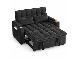 Canapé convertible 3-en-1 142 x 89 x 89 cm, coussins assise et dossier moelleux, 2 lombaires, tablette et porte-gobelet, chenille, noir