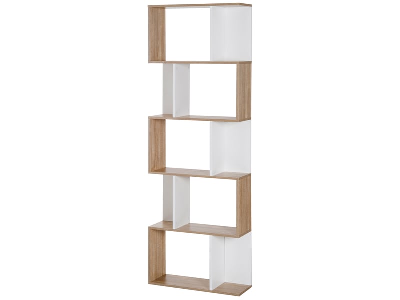  Bibliothèque haute en forme de s à 5 étagères, design moderne pour salon ou bureau, 60 x 24 x 184,5 cm, blanc et bois  - Conforama B