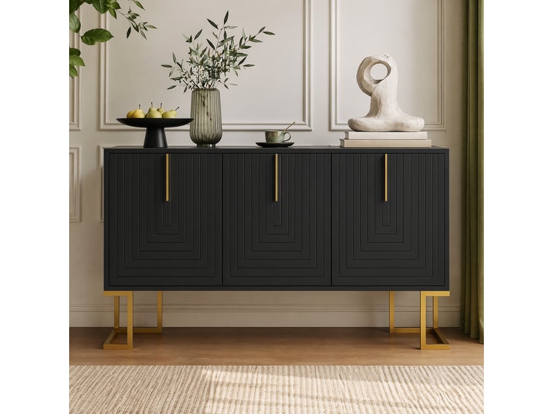  Buffet bas 3 portes noir avec étagères réglables, poignées et base en métal, 138 x 40 x 80,5 cm  - Conforama D