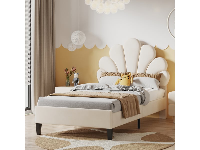  Lit 90 x 200 avec sommier, lit rembourré lit simple,tête de lit réglable en hauteur,lit simple,velours,beige  - Conforama B