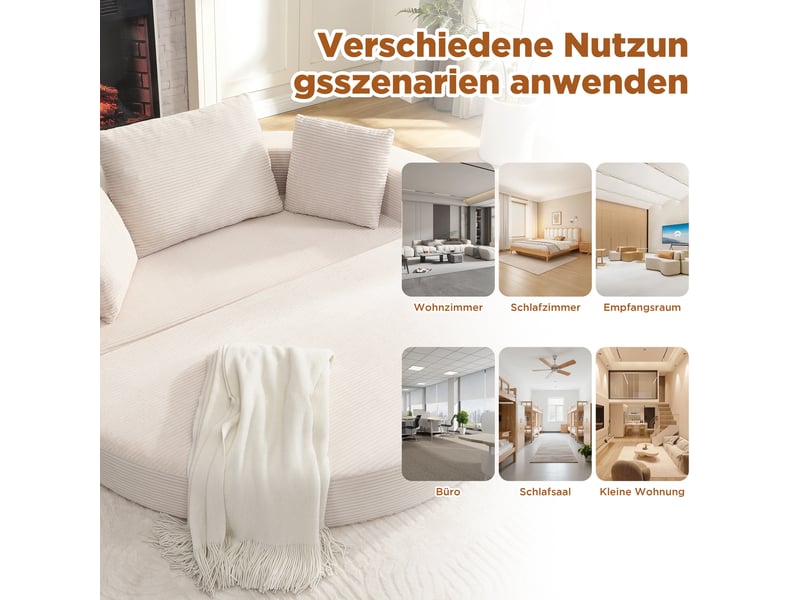 Canapé convertible pliable 2 en 1 avec 3 coussins et bordure enveloppante en velours côtelé beige, 173 × 176 cm - Conforama E