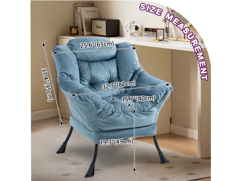  Fauteuil de relaxation bleu clair en métal, 65 x 81 x 95 cm, avec poche latérale pour lecture et détente à la maison  - Conforama C