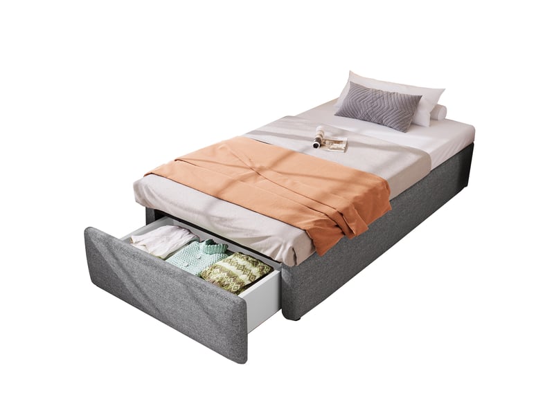  Lit capitonné 90*200cm gris, relevage hydraulique, un tiroir, sans matelas, sans tête de lit  - Conforama A