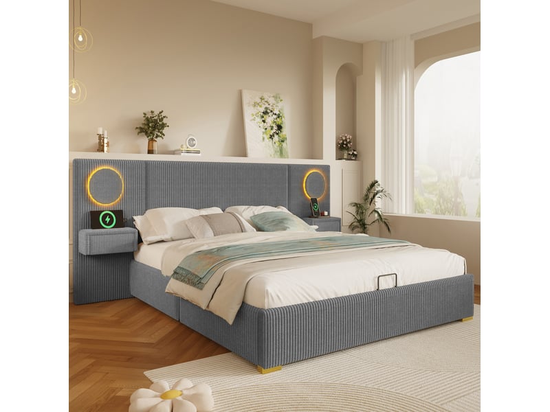  Lit coffre 180 × 200 cm 2 places avec rangement hydraulique, led, usb et tête de lit en velours, sans matelas, gris  - Conforama C