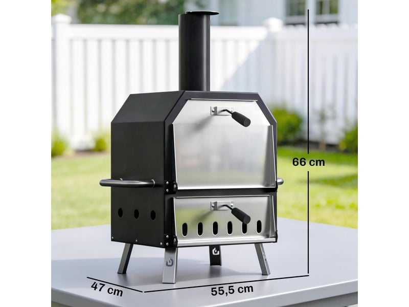 Four à pizza extérieur bois et charbon fumoir 2 étages pierre réfractaire pelle  - Conforama C
