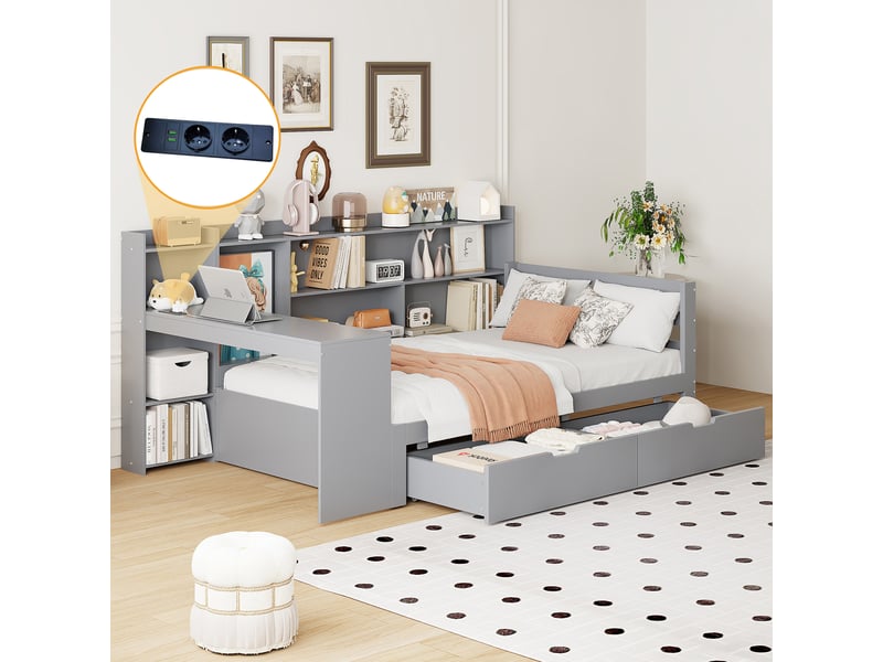  Lit avec rangement 90x200cm coloris gris bois massif lit enfant gris - Conforama B