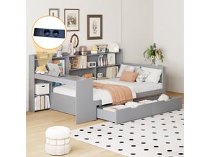 Lit avec rangement 90x200 cm <strong>MERAX</strong>  <strong>lit enfant gris</strong> coloris gris