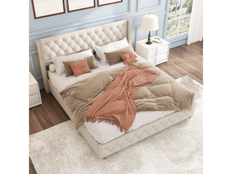  Lit 140x190 cm beige lin, tête capitonnée, sommier à lattes – design moderne  - Conforama E