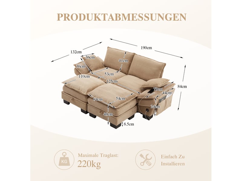  Canapé 2 places modulable en velours côtelé kaki avec 2 poufs et port usb-c  - Conforama C