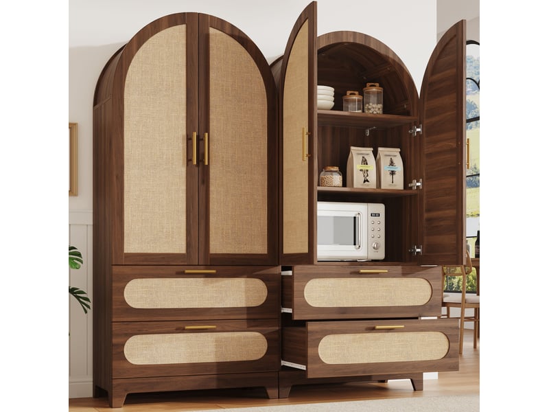  Buffet et enfilade haut avec 4 portes et 4 tiroirs, façades effet rotin, pour salle à manger, en mdf et métal  - Conforama B