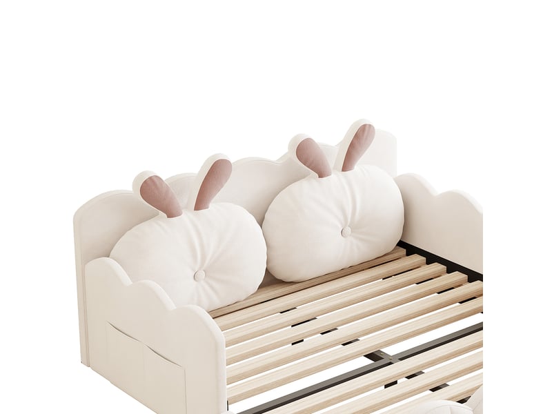  Lit enfant rembourré 140x200 cm avec barrières de sécurité, tête de lit avec coussin lapin, structure en pin et mdf, beige  - Conforama E