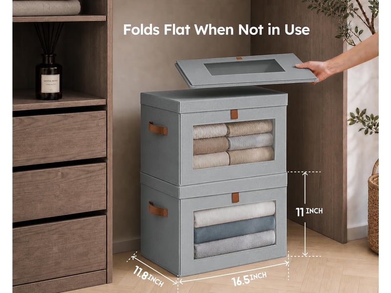  Lot de 1 bacs de rangement pliables en toile oxford gris avec fenêtre – organiseur pour vêtements et dressing  - Conforama B