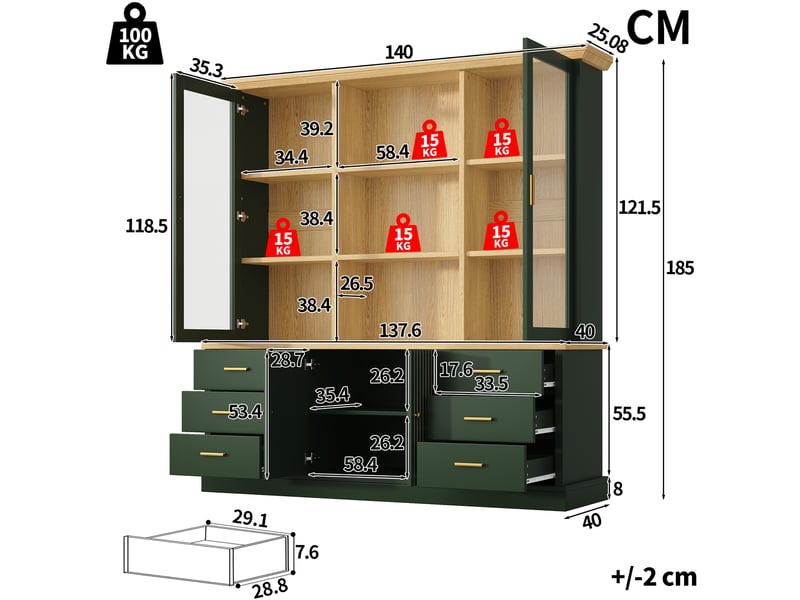 Buffet haut de rangement 140.00x40.00x185.00 cm, 6 tiroirs, mdf, vert  - Conforama E