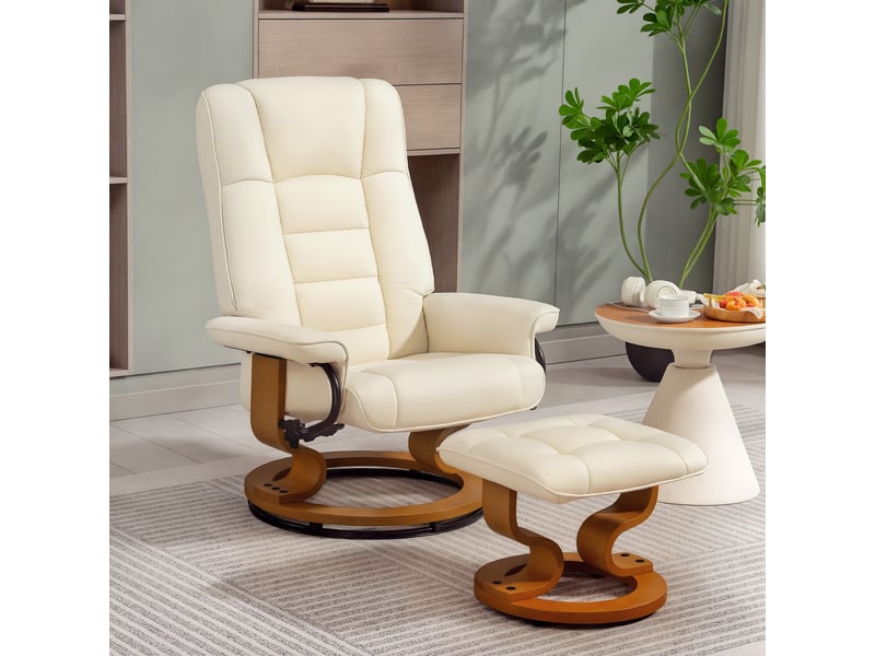 Fauteuil de relaxation inclinable avec repose-pied, pivotant, cadre en bois , revêtement synthétique crème - Conforama C