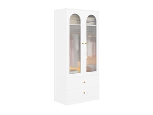 Armoire à portes battantes 89,5x50,5x200 cm, 2 tiroirs, 2 portes vitrées, barre de penderie, mdf blanc, chambre déco