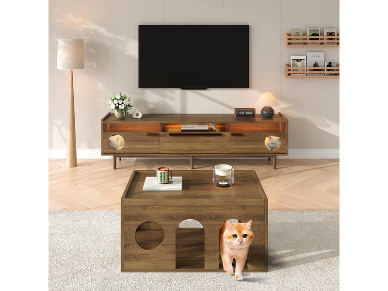  Meuble tv 180x40x50 cm avec éclairage led, niche intégrée et portes en verre trempé, mdf, finition noyer  - Conforama R