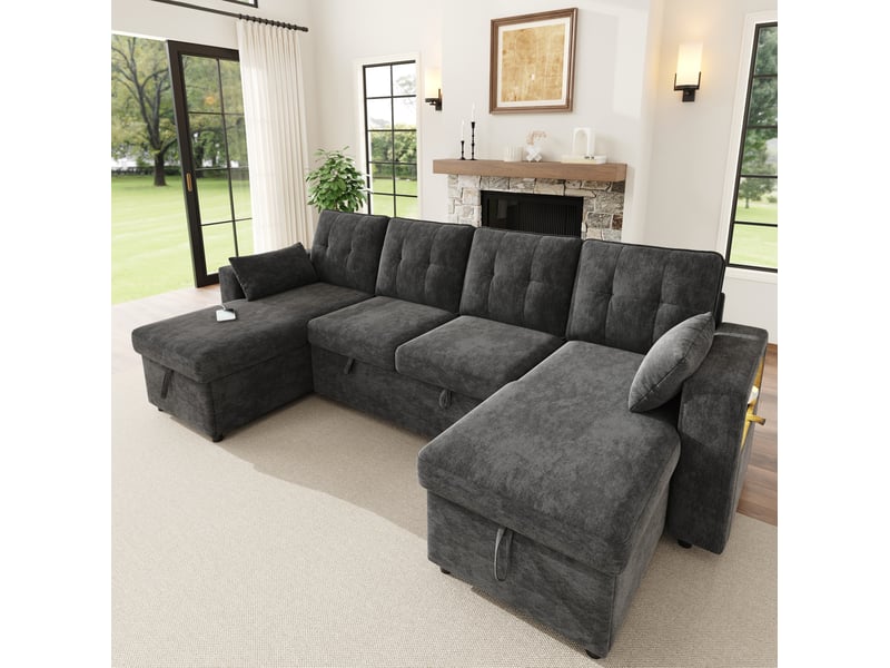 Canapé panoramique en u 4 places convertible avec rangements, ports usb, type c et led en chenille grise - Conforama B