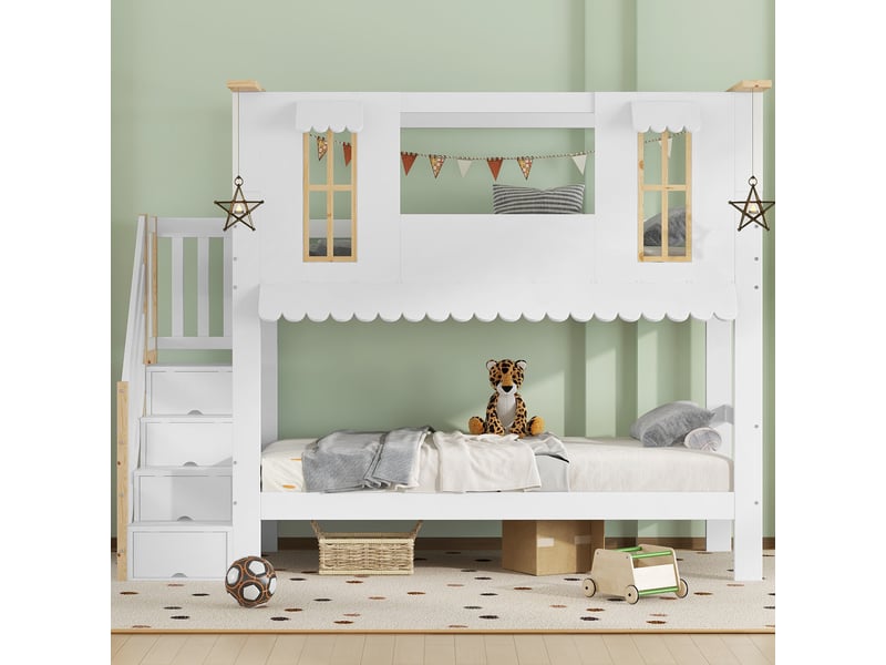  Lit superposé enfant 90 x 200 cm blanc et naturel avec escalier de rangement  - Conforama B